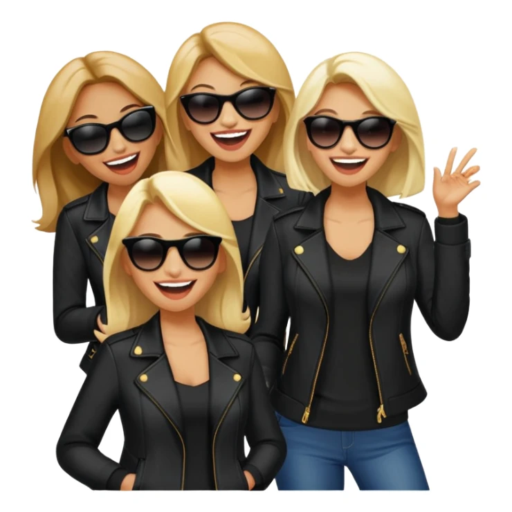 Mafia style laughter women. Sunglasses, black jackets,  sticker