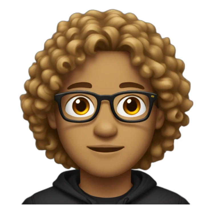 A young man wearing glasses, his skin is very light brown, and He has long curly hair and a black winter shirt as well sticker