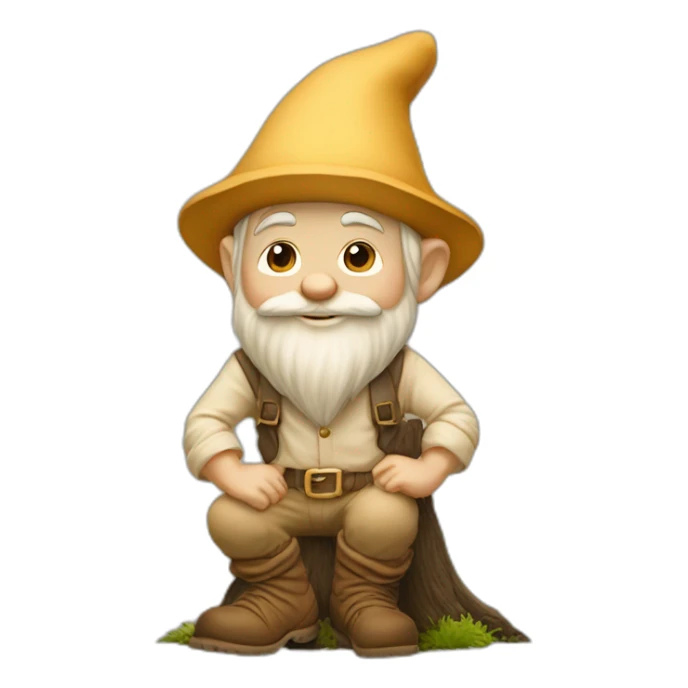 side view of gnome with light tan pants and light tan boots squatting above small brown log sticker