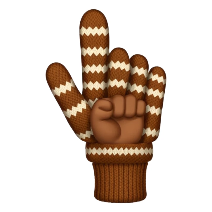 thumbs up fist, hand only, brown knit mitten with zig-zag beige pattern sticker