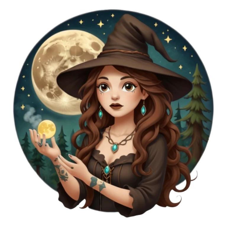forest witch woman long wavy brown hair tattoos blowing moon dust sticker