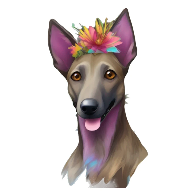  brindle brown black maroon gold lurcher Alsatian fox running blue eyes and iridescent holographic oilslick harness wearing paper iridescent tropical flower crown yellow caution tape sticker