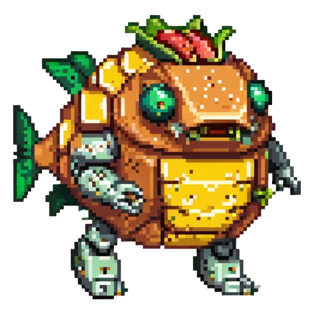 a cyborg robotic salmon who's torso is made from a filled crunchy taco, with lettuce salsa meat and cheese. he is fish taco bot man his face and head, tail, and fins are metallic robotic construction, he has a slit visor across his face where his eyes should be like cyclops sticker