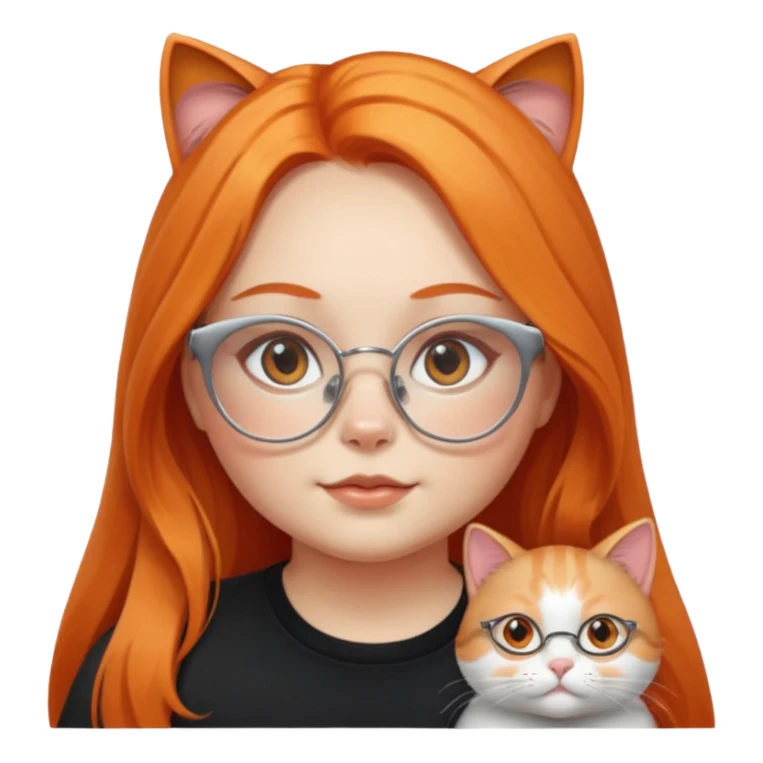 girl with chubby cheeks, very long orange hair, and silver cat-eye glasses. Black clothes. Without cat or cat ears sticker