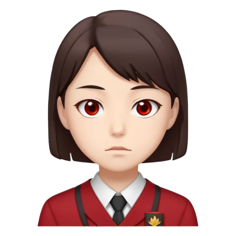 Ayanokoji with cold, expressionless face, sharp brown eyes, dark brown hair, red school uniform, serious vibe sticker