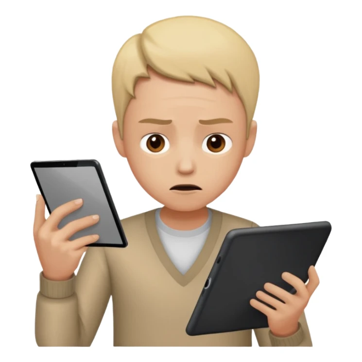 emoji holding and drawing on tablet, looking down at screen in frustration sticker