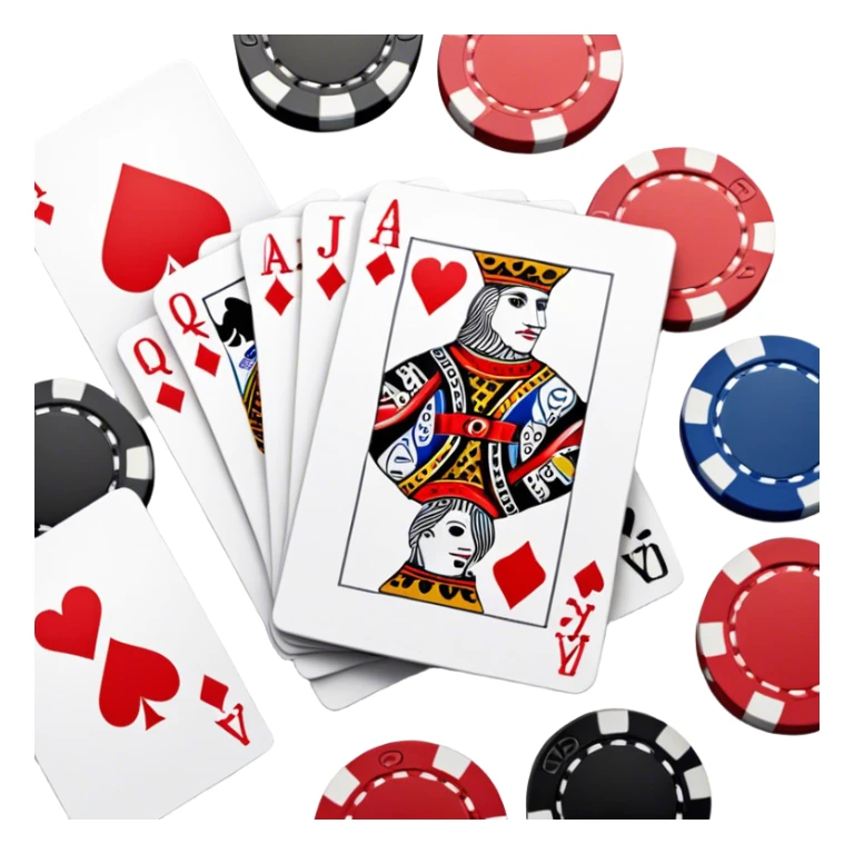 A photorealistic icon featuring playing cards, poker chips, and a deck of cards spread out on a table. Bright, detailed design with realistic textures and lighting. Transparent background, clearly symbolizing card games and strategy. sticker