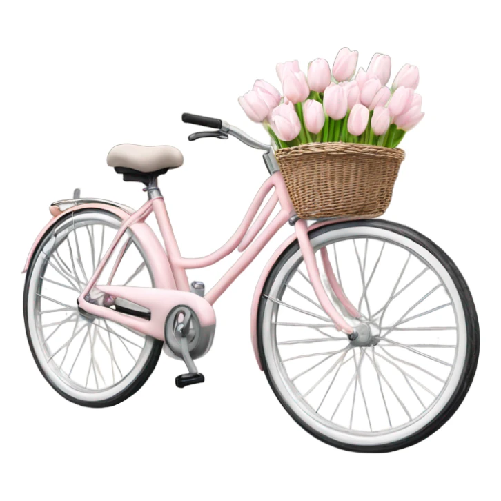 realistic light pink bicycle with basket of white tulips at front sticker