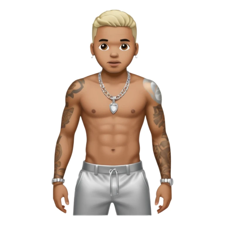 Chris Brown with silver pants, shirtless with necklace sticker