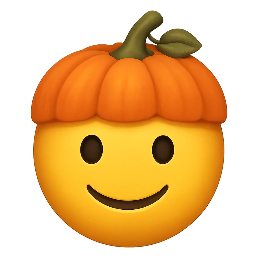 yellow face with orange pumpkin hat emoji, digital illustration sticker