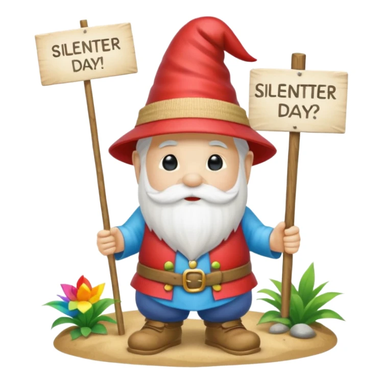 A zen rainbow garden gnome, holding a sign reading "Silent Letter Day, who's with me?” sticker