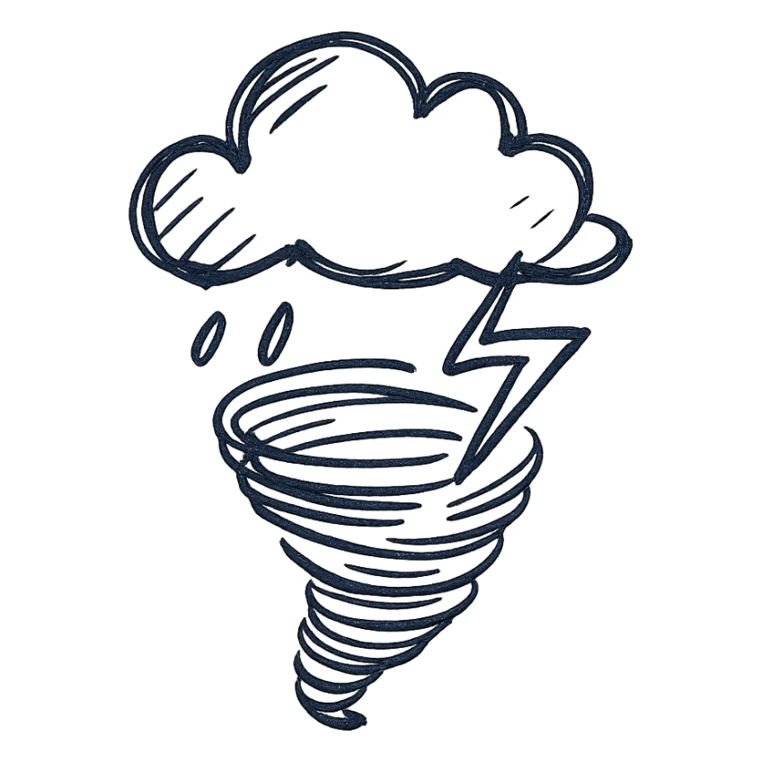 stormy weather with a tornado and lightning, hand drawn black outline icon, no fill, sketchy style sticker