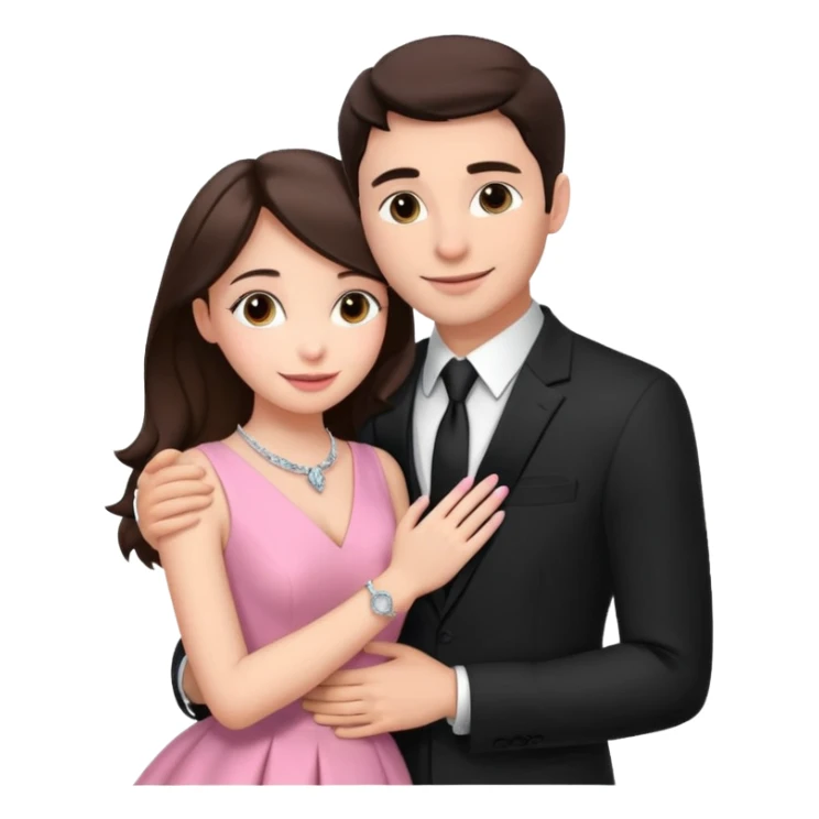 Brunette girl, with an engagement ring on her finger hugging a handsome man, (her boyfriend) both of them happy, she’s wearing a pink dress, he is wearing a black suit, he’s also a rich businessman, and there is the 💜 purple heart emoji on top. They look in love with each other.  sticker