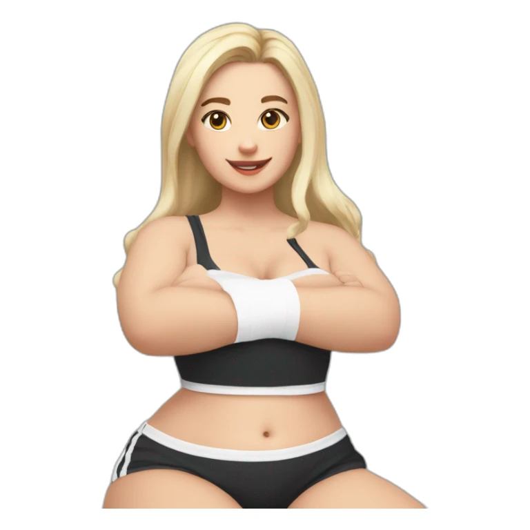 Front view full body curvy caucasian beauty sitting straight hands up black skirt white knickers white socks sticker