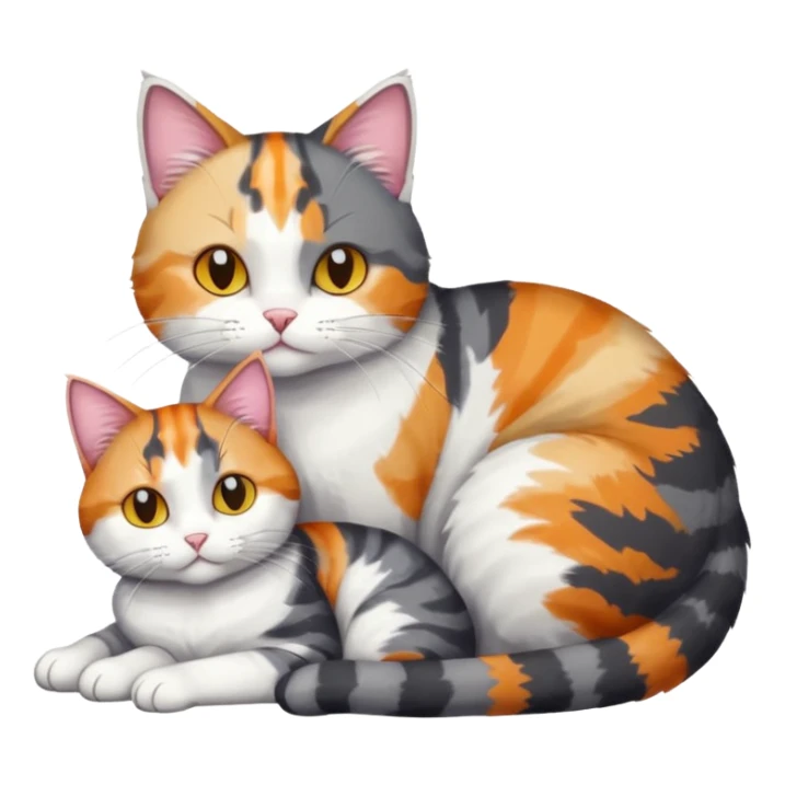 full body colourful light patched calico + white tabby cat cuddling a big dark grey and white tabby cat  sticker
