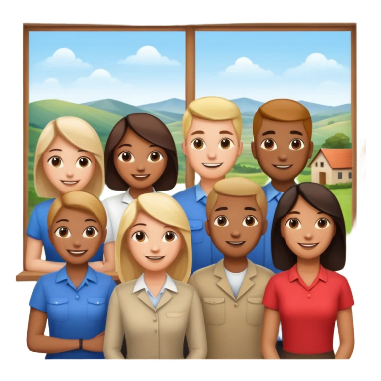 Employees of a startup company with a countryside view outside the window sticker