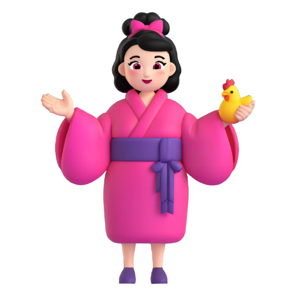 quirky emoji-style character, black hair styled in oversized space buns, bold pink-red-black kimono dress with big sleeves, colorful makeup, confident and playful face, making a chicken cluck hand gesture sticker
