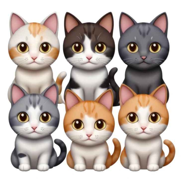 5 different coloured short haired cats including; a dark brown and white cat, and a dark grey and white, and a calico sticker