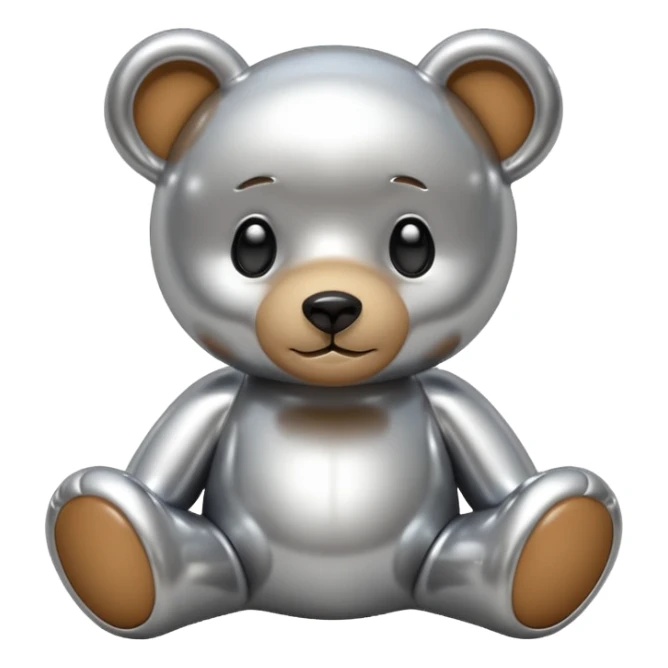 A cute teddy bear emoji made of liquid silver chrome, smooth rounded body, glossy metallic surface, soft reflections, friendly proportions, iOS emoji style, centered, clean white background sticker