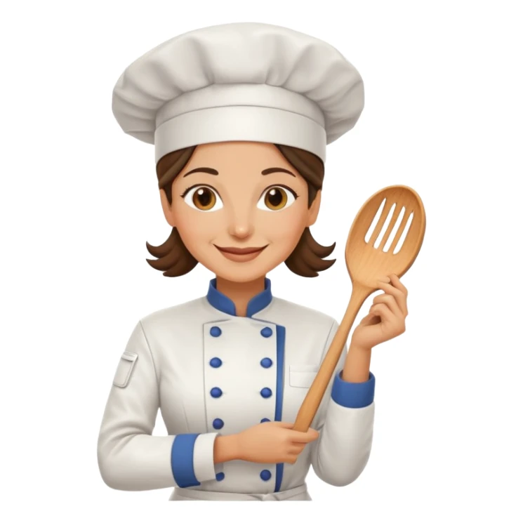 Italian woman chef in her 40's smiling wearing a chef uniform sticker