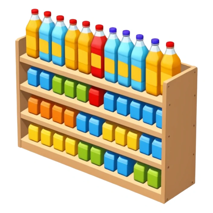 3D warehouse shelf with drinks bottles and products, 
organized retail shelves, colorful product packages, store inventory, 
transparent background, emoji style, realistic, isometric view sticker