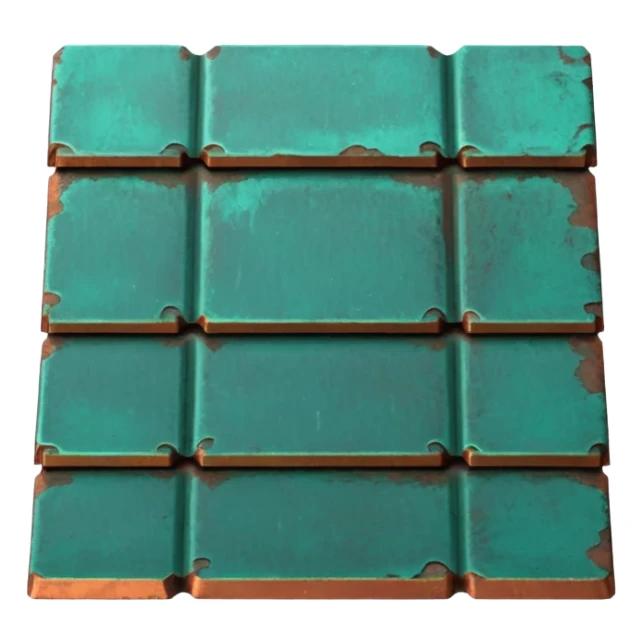 3D render of Roof Tile, heavily oxidized copper texture, verdigris patina, Aged green copper shingle, weathered bronze aesthetic, ancient decay, emoji style, isolated on white background --v 6.0. sticker