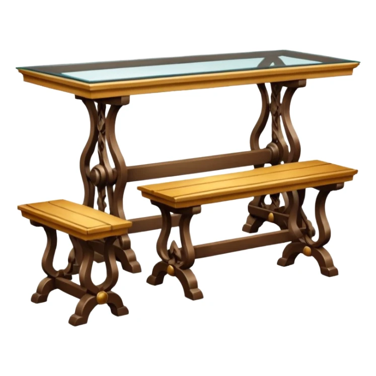 A glass topped rectangular trestle table with 2 benches on the long sides and 2 thrones at the ends sticker