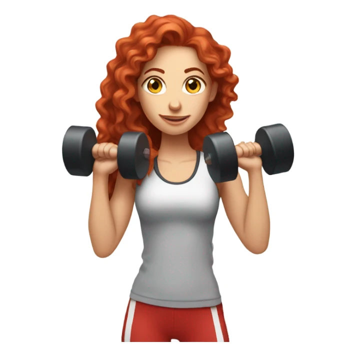 Sporty white Girl coach with long curly red hair doing exercice with light weights sticker