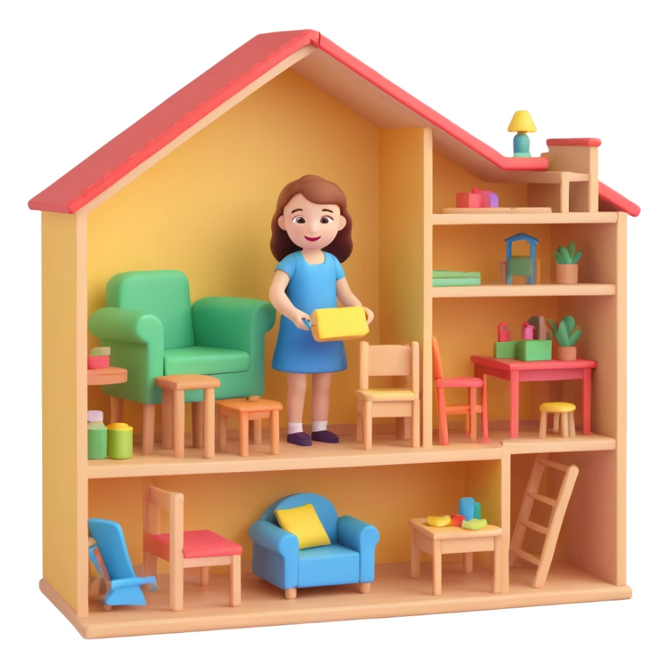 smiling girl arranging furniture in doll house sticker