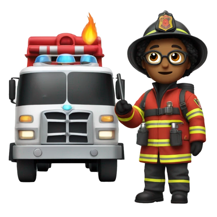 Harry Potter as a firefighter, wearing a fire helmet and protective gear, with his wand in hand, standing heroically in front of a firetruck sticker