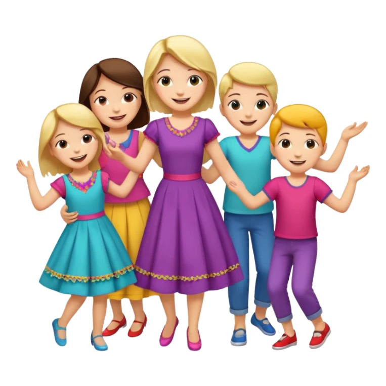 Super happy kids dancing and mom is sewing sticker