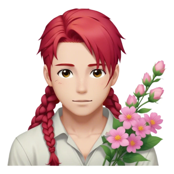 red hair with a thin side braid anime style handsome sexy gojo guy with blushing face and flowers aesthetic trending style outside sticker