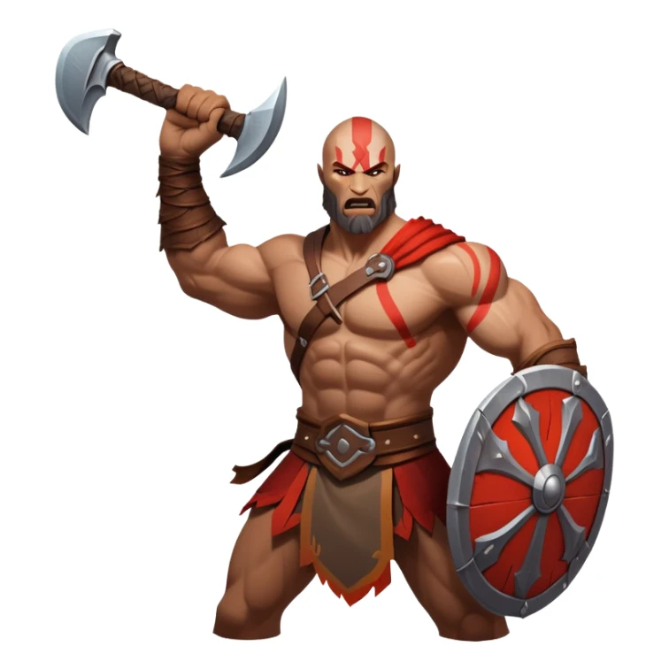An icon showing a powerful warrior wielding a weapon, ready for battle, inspired by God of War: Ragnarok. The design captures the strength and determination of the character, with dynamic motion lines and a fiery, epic background. Transparent background highlights the action sticker