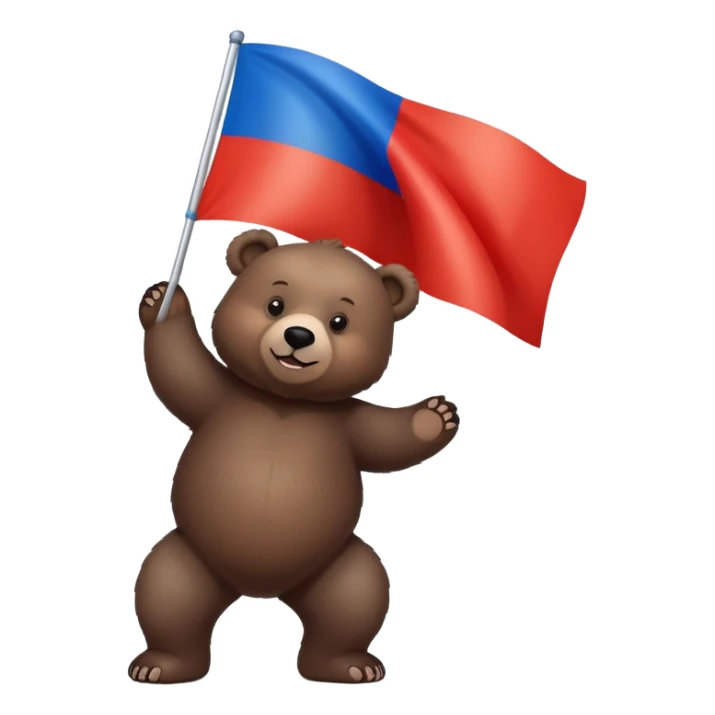Medium-dark brown bear on four legs with Russian tricolor flag (white, blue, red horizontal stripes) on its back, realistic features sticker