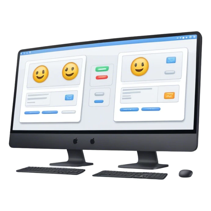 Create an emoji for UX/UI design. Show two large curved monitors side by side, displaying wireframe sketches or design mockups with interface elements like buttons, sliders, and icons. Use modern, professional colors. Do not include any emojis or smiley faces. Make the background transparent. sticker