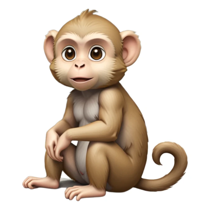 cinematic-cute macaque-realistic-full-body-sitting-emoji,-compact-muscular-frame-poised-on-a-rocky-outcrop,-short-curled-tail-resting-behind,-head-tilted-dramatically,-thick-dense-fur-in-warm-shades-of-brown-and-grey,-expressive-eyes-filled-with sticker