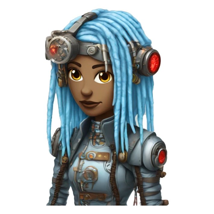 Light blue long dreadlocks female cyborg head with red steampunk goggles and circuits sticker