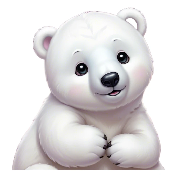 Cinematic Cute Polar Bear Portrait Emoji, Head tilted playfully and inquisitively, with a glossy, plush coat accented by a gentle, blushing muzzle and round, sparkling eyes, Simplified yet irresistibly adorable features, highly detailed, glowing with a warm, friendly polar glow, high shine, affectionate and lively, stylized with a touch of endearing charm, soft glowing outline, capturing the essence of a mischievous yet loving polar cub that feels like it could tumble out of the screen into your arms! sticker