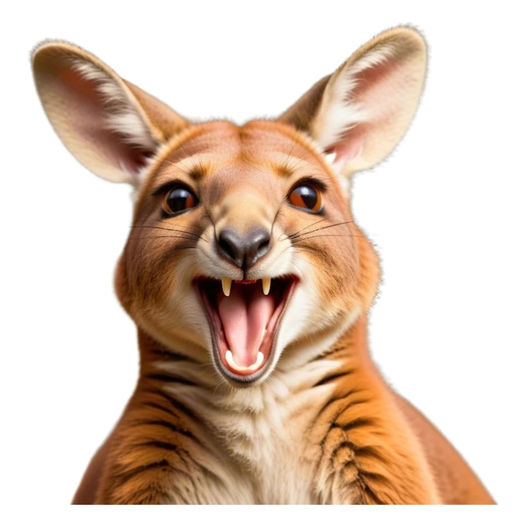 Cinematic Cute Yawning Kangaroo Portrait Emoji, Head tilted slightly with a dramatic, wide-open yawn, showcasing a soft, downy red-orange fur with gently drooping ears and round amber eyes barely open in drowsy contentment, Simplified yet irresistibly adorable features, highly detailed, glowing with a soft, cozy glow, high shine, relaxed yet expressive, stylized with a touch of outback charm, bright and endearing, soft glowing outline, capturing the essence of a sleepy yet affectionate kangaroo, so drowsy it feels like it could stretch out of the screen and curl up for a nap! sticker