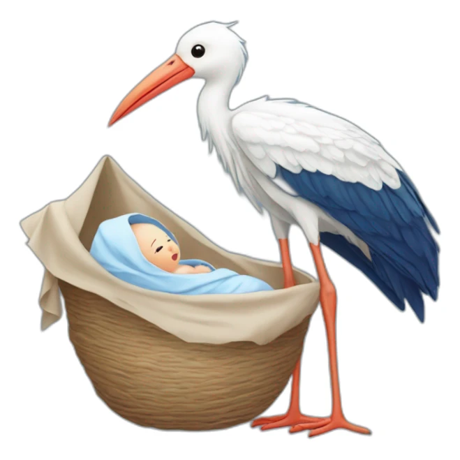 White stork carrying a blue bundle of cloth in its beak that has a human person cute baby with and the human baby head is peeking from the fabric bundle the strok is carrying with its beak sticker