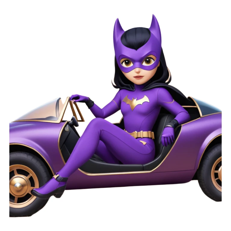  proportionally correct, real-appearance racing BatGirl’s feminine midnight-purple tight outfit sixty’s tv show 2032 stealth retro cat burglar sporty petite off-road pursuit hovering black hover cruiser car rose gold accents (black hair,reclined and relaxed seating position and attitude) Dakar sticker