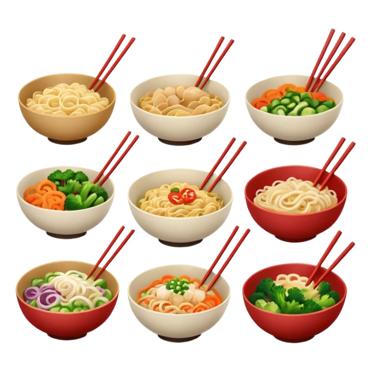 different bowls of Chinese noodles, chopsticks, vegetables sticker