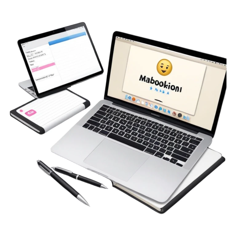 top view of a MacBook and a notebook with a pen nearby, notebook with visible notes, MacBook screen showing a beauty salon logo sticker
