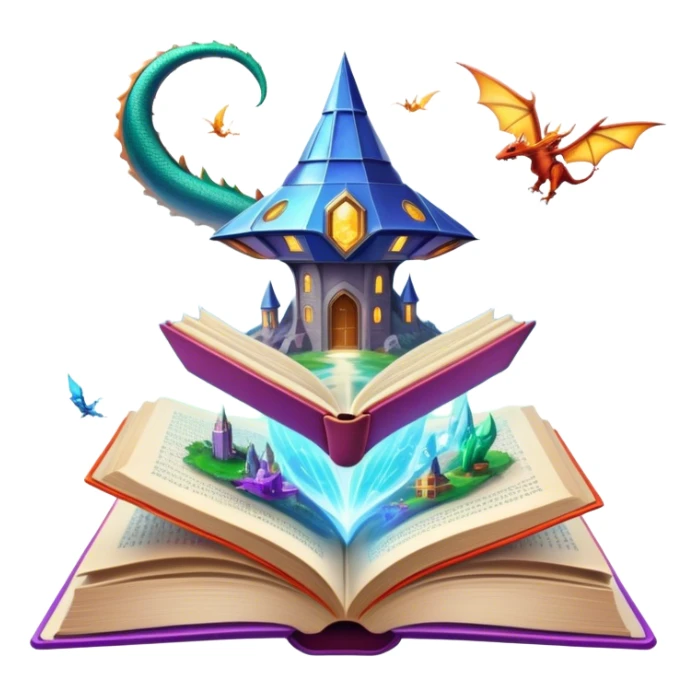Icon for Fantasy and Sci-Fi Reading: an open book with magical creatures like dragons and fairies flying out, with a futuristic spaceship in the sky and a wizard casting spells. The icon should represent the magic and adventure of fantasy and science fiction worlds. Transparent background. sticker