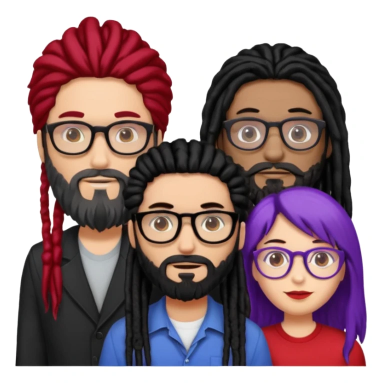 Three people standing together: on the left, a man with long hair, glasses, and a beard; on the right, a man with black dreadlocks with a red accent; in the center, a woman wearing glasses with violet-and-black hair sticker