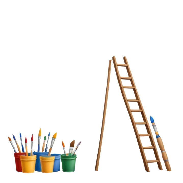 Wall painting icon, hand-painted mural on a wall, visible paintbrushes, paint pots, and ladder, intricate patterns or designs in progress, minimalistic style, clean lines, transparent background. sticker
