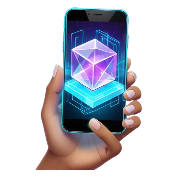 Futuristic translucent hand holding a floating crystalline cube emitting holographic smartphone projections, prism glows with neon cyan (#00FFFF) and electric purple (#8A2BE2) light beams, dark obsidian (#020D19) background with abstract circuit patterns, cyber-luxury aesthetic sticker