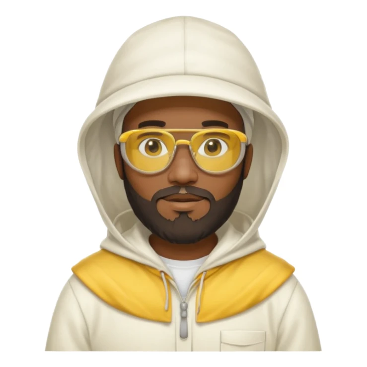 black male bee keeper with beard, white hat and yellow glasses, white outfit, white hood sticker