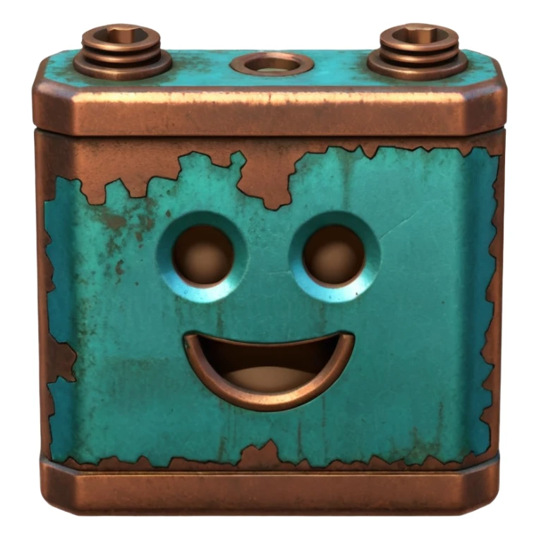 3D render of Battery Terminal, heavily oxidized copper texture, verdigris patina, Metal contact with blue/green powder corrosion, weathered bronze aesthetic, ancient decay, emoji style, isolated on white background --v 6.0. sticker