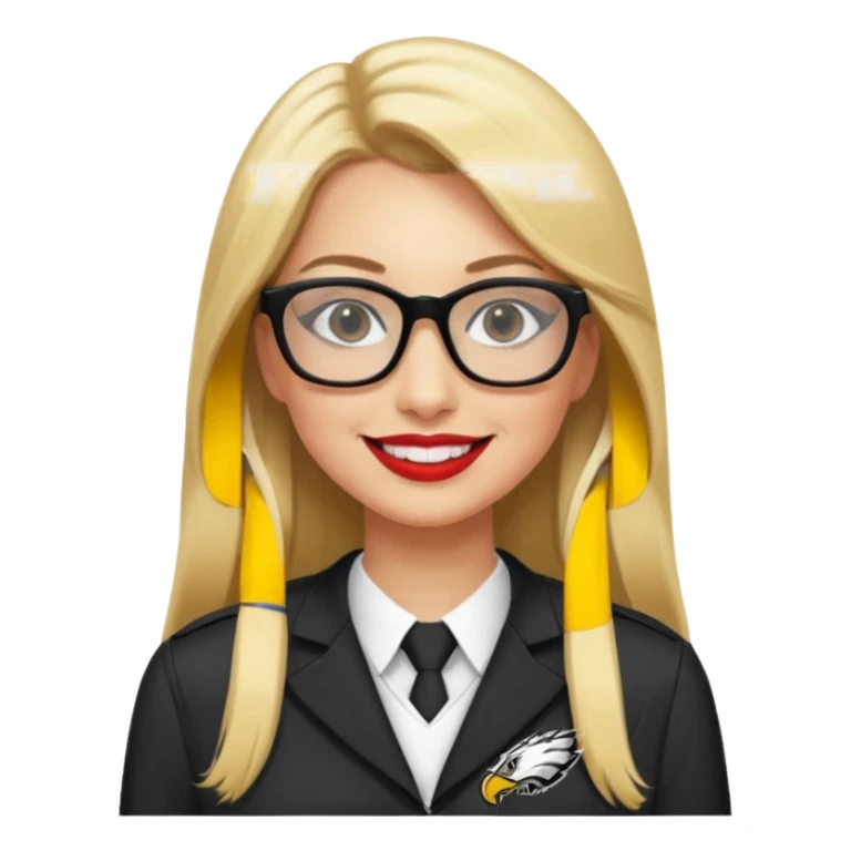 long blonde straight hair, black rectangle glasses, smiling, lipstick, full length eagles uniform, 33 sticker